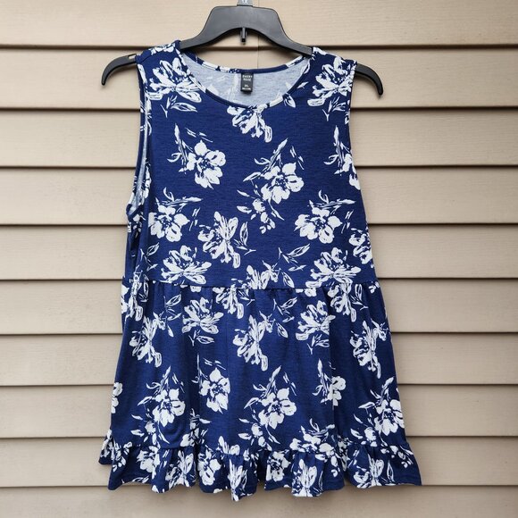 Emery Rose Plus Sleeveless Peplum Blouse Ruffle Trim Blue White Floral Print - Picture 3 of 10